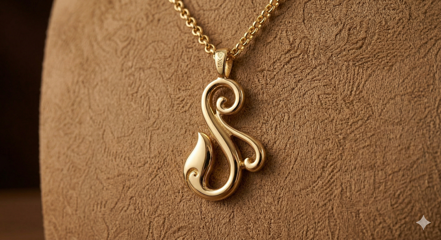 22K-916HUID Elegant Stylized 'S' Scroll and Leaf Pendant Necklace in Yellow Gold